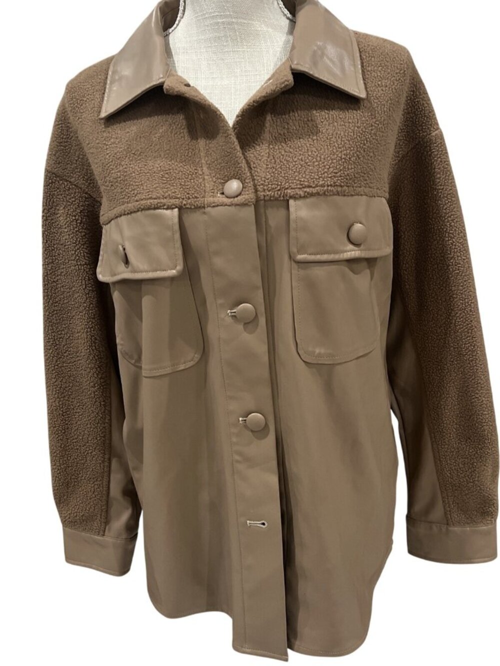 Heartloom Tonya Womens Shacket Jacket S Brown Fleece & Faux Leather